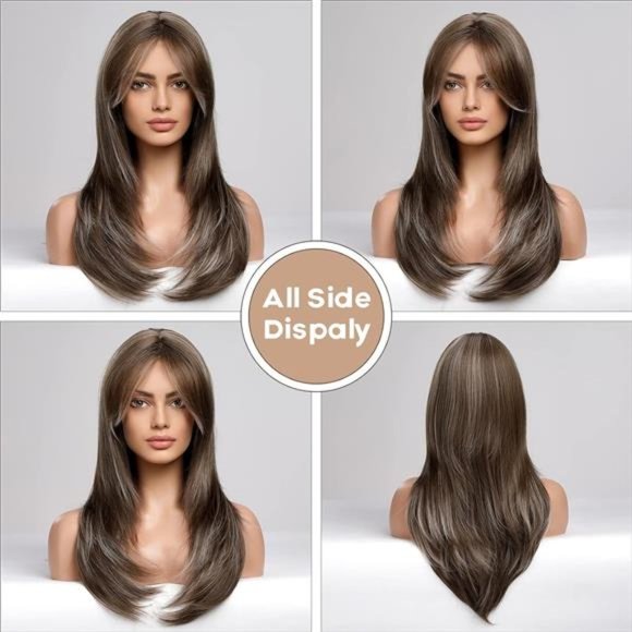 HOT BLONDE Wig with Bangs Long Straight Layered brown with blonde highlight - Picture 3 of 7